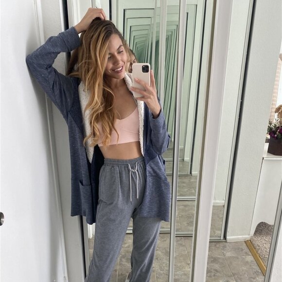 Hummingbird Long Sleeve Navy Cardigan Fuzzy Collar - Navy Blue - Patchwork - Picture 9 of 12